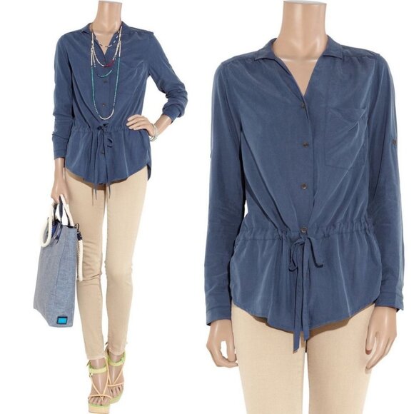 Rag & Bone Sullivan Tunic Shirt Navy Blue‎ Modal Collared Tie Front Size Small S - Picture 1 of 12
